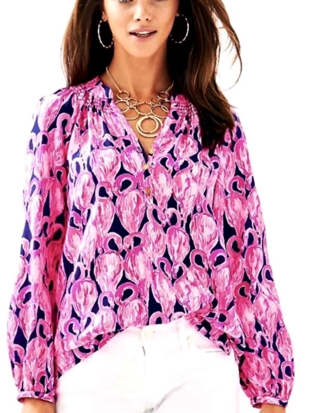 Lilly Pulitzer Elsa silk Navy & Hot Pink Flamingo Print Top XS